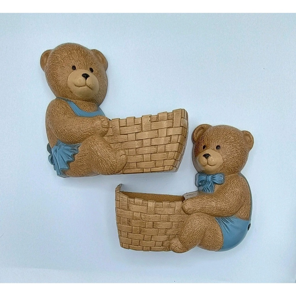Burwood Vintage Wall Decor Bear Girl Boy Basket Pocket Set Of 2 Homco